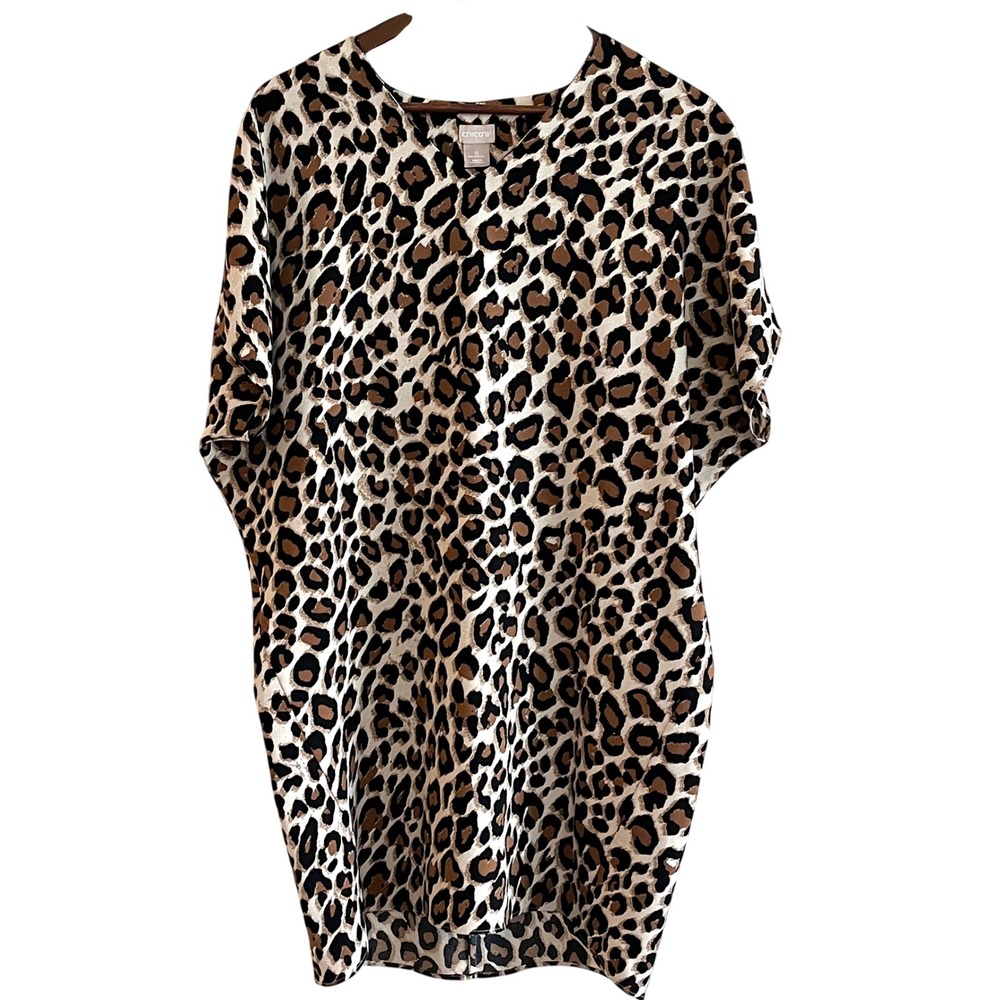 Chicos Leopard Print Dress Womens 0 Small V-Neck Dolman Sleeve Animal Dress